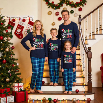 Family Matching Christmas Pajamas Set - Navy Blue Top with 'Family Christmas 2026' Graphic & Blue Plaid Pants