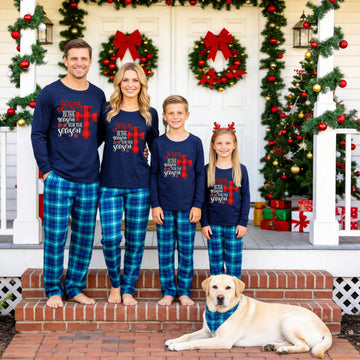 Family Matching Christmas Pajamas Set - Navy Blue Top with 'Jesus Is The Reason' Plaid Cross Print & Blue Plaid Pants