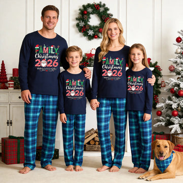 Family Matching Christmas Pajamas Set - Navy Blue Top with 'FAMILY Christmas 2026' Santa & Candy Cane Graphic & Blue Plaid Pants
