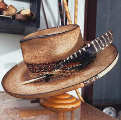 Distressed Fedora with Feather Wide Band with Various Colors