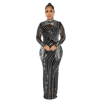 Fashionable Sheer Mesh Embellished Long Sleeve Maxi Sparkly Dress with Inner Lining