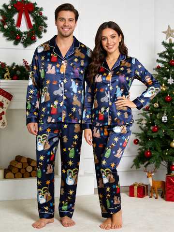 Couple Matching Christmas Nativity Scene Couple Couple Satin Pajama Set Luxury Long Sleeve Sleepwear
