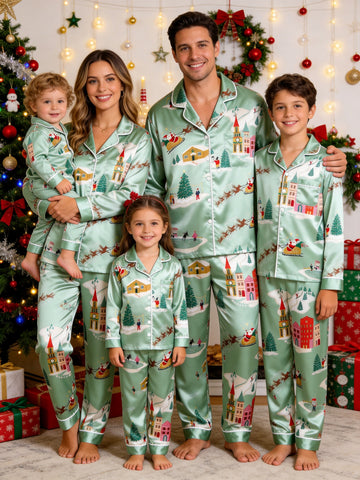 Family Matching Satin Pajamas Set Two-Piece Button-Down Long Sleeve Sleepwear with Flying Santa Sleigh & Christmas Village Print