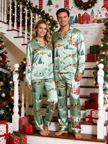 Couple Matching Satin Pajamas Set Two-Piece Button-Down Long Sleeve Sleepwear with Flying Santa Sleigh & Christmas Village Print