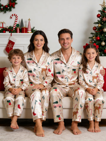 Family Matching Satin Pajamas Set Two-Piece Button-Down Long Sleeve Sleepwear with Cute Reindeer & Pink Holiday Truck Print
