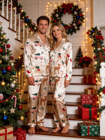 Couple Matching Satin Pajamas Set Two-Piece Button-Down Long Sleeve Sleepwear with Cute Reindeer & Pink Holiday Truck Print