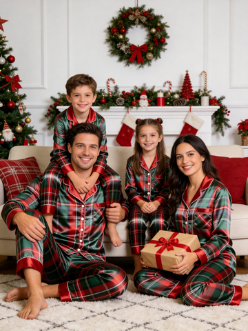 Traditional Red & Green Holiday Tartan Plaid Family Family Satin Pajama Set Family Sleepwear