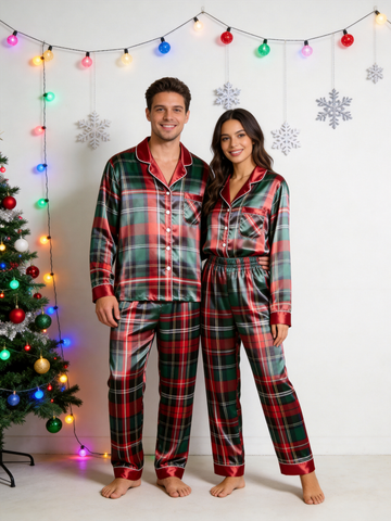 Traditional Red & Green Holiday Tartan Plaid Couple Couple Satin Pajama Set Couple Sleepwear