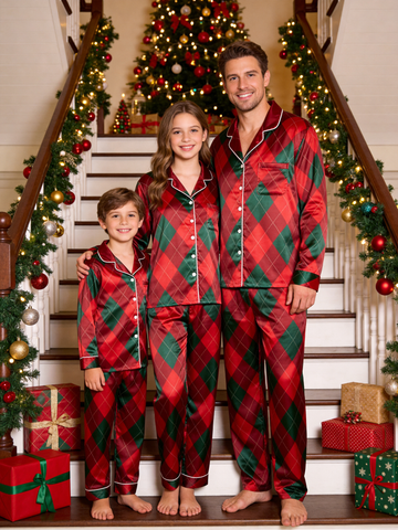Festive Red & Green Argyle Diamond Pattern Family Family Satin Pajama Set Holiday Sleepwear