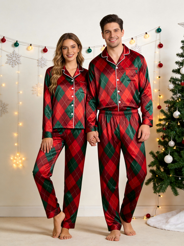 Festive Red & Green Argyle Diamond Pattern Couple Couple Satin Pajama Set Holiday Sleepwear