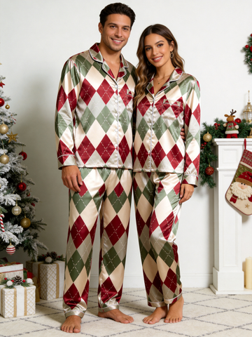 Vintage Burgundy & Sage Green Argyle Pattern Couple Couple Satin Pajama Set Luxury Sleepwear