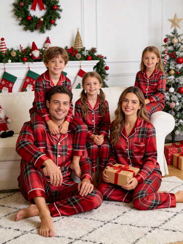 Luxury Crimson Red Tartan Plaid Family Family Satin Pajama Set Holiday Matching Sleepwear