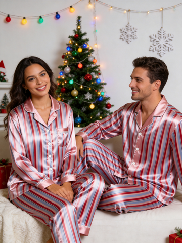 Chic Pink & Red Striped Couple Satin Pajama Set Long Sleeve Luxury Sleepwear