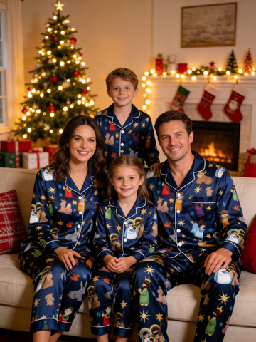 Family Matching Christmas Nativity Scene Family Family Satin Pajama Set Luxury Long Sleeve Sleepwear