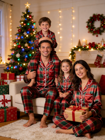 Classic Red & Green Tartan Plaid Holiday Family Family Satin Pajama Set Family Sleepwear