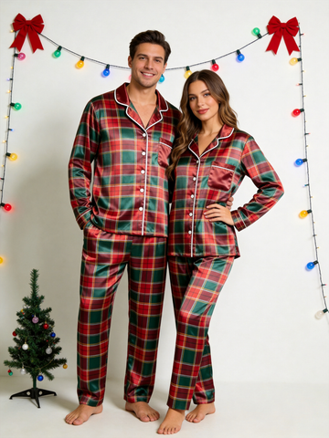 Classic Red & Green Tartan Plaid Holiday Couple Satin Pajama Set Couple Sleepwear
