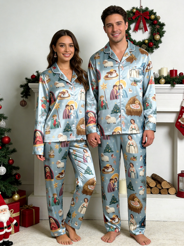Couple Matching Christmas Nativity & Manger Scene Couple Satin Pajama Set Sleepwear