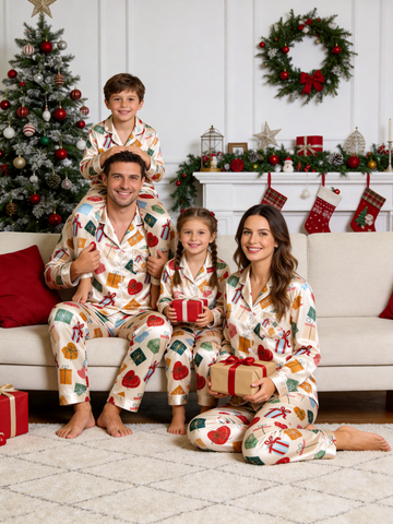 Festive Gift Boxes & Heart Print Family Satin Pajama Set Holiday Matching Sleepwear