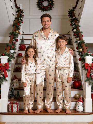 Winter Wonderland Skiers & Pine Tree Print Family Satin Pajama Set Cozy Sleepwear