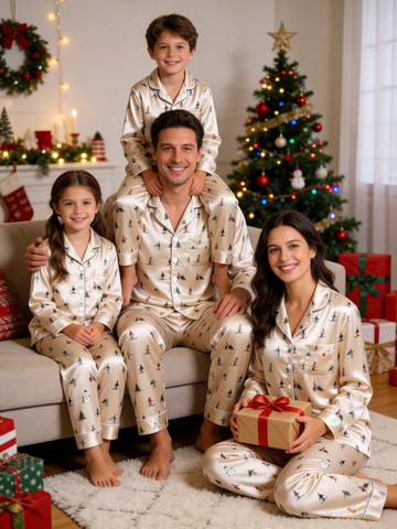 Winter Wonderland Skiers & Pine Tree Print Family Satin Pajama Set Cozy Sleepwear