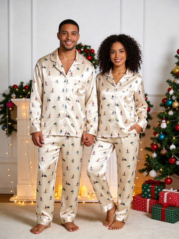 Winter Wonderland Skiers & Pine Tree Print Couple Satin Pajama Set Cozy Sleepwear