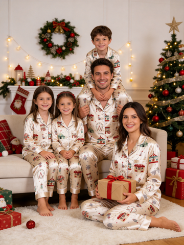 Vintage Holiday Carnival & Ferris Wheel Print Family Satin Pajama Set Sleepwear