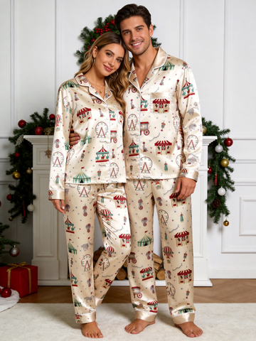 Vintage Holiday Carnival & Ferris Wheel Print Couple Satin Pajama Set Sleepwear