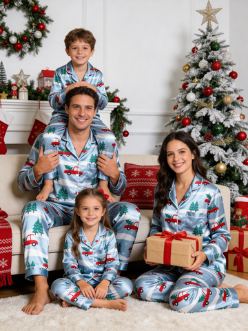 Snowy Forest Red Truck & Tree Print Family Satin Pajama Set Holiday Sleepwear