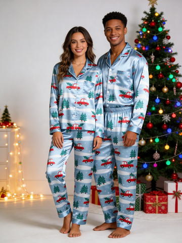 Snowy Forest Red Truck & Tree Print Couple Satin Pajama Set Holiday Sleepwear