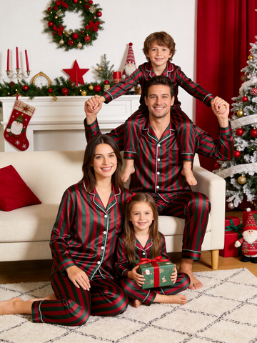 Classic Red & Green Striped Holiday Family Satin Pajama Set Family Sleepwear