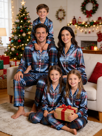 Blue Tartan Plaid Holiday Family Satin Pajama Set Matching Family Sleepwear
