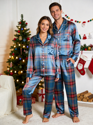 Blue Tartan Plaid Holiday Couple Satin Pajama Set Matching Couple Sleepwear