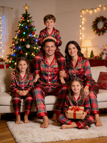 Classic Red & Green Tartan Plaid Holiday Family Satin Pajama Set Family Sleepwear
