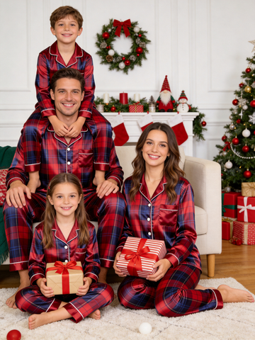 Festive Red & Navy Plaid Holiday Family Satin Pajama Set Matching Family Sleepwear