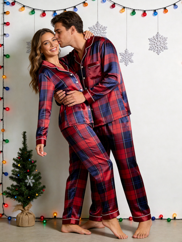 Festive Red & Navy Plaid Holiday Couple Satin Pajama Set Matching Couple Sleepwear