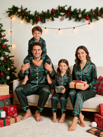 Cozy Green & Red Tartan Plaid Christmas Family Satin Pajama Set Family Sleepwear