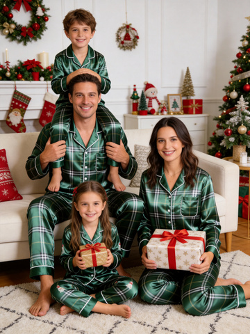 Emerald Green Plaid Holiday Family Satin Pajama Set Luxury Family Sleepwear