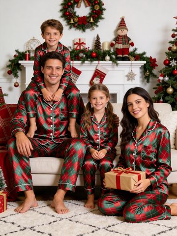 Festive Red & Green Argyle Diamond Print Holiday Family Satin Pajama Set Sleepwear