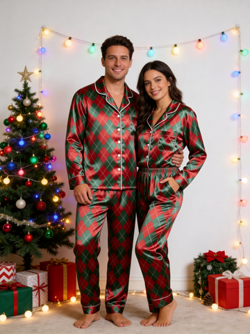 Festive Red & Green Argyle Diamond Print Holiday Couple Satin Pajama Set Sleepwear