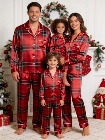 Classic Red Tartan Plaid Christmas Family Satin Pajama Set Family Sleepwear