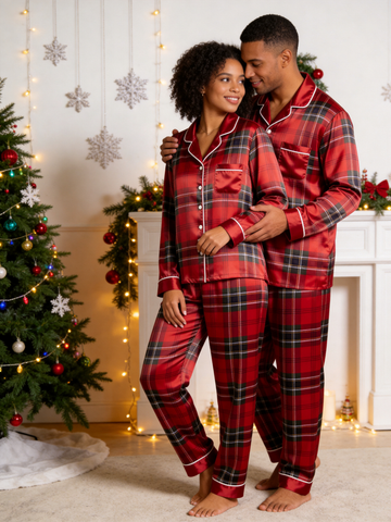 Classic Red Tartan Plaid Christmas Couple Satin Pajama Set Couple Sleepwear
