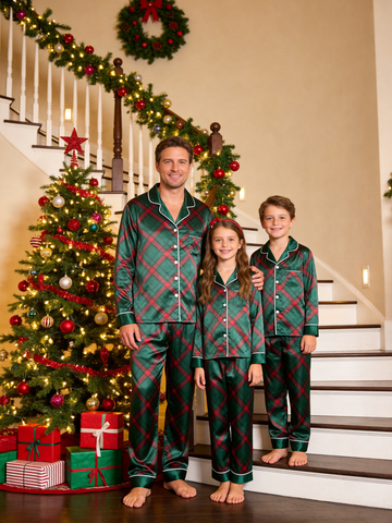 Diagonal Red & Green Plaid Holiday Family Satin Pajama Set Family Sleepwear