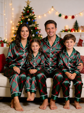 Diagonal Red & Green Plaid Holiday Family Satin Pajama Set Family Sleepwear
