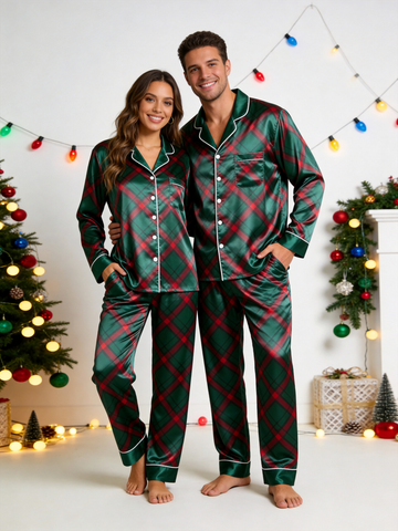 Diagonal Red & Green Plaid Holiday Couple Satin Pajama Set Couple Sleepwear