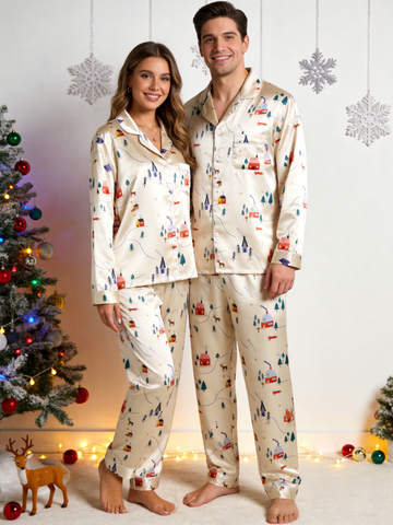 Cozy Winter Village & Forest Print Couple Couple Satin Pajama Set Luxury Long Sleeve Sleepwear