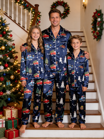 Holiday Festive Red Truck & Snowman Print Family Family Satin Pajama Set Family Sleepwear