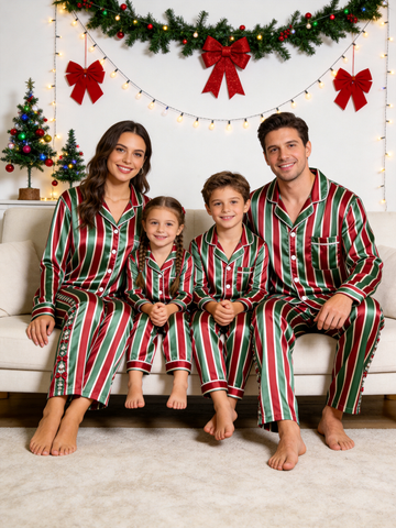 Holiday Red, Green & White Vertical Striped Family Satin Pajama Set Sleepwear