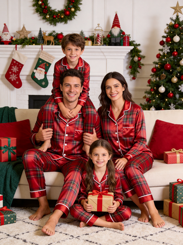Vibrant Red Grid Plaid Holiday Family Satin Pajama Set Matching Family Sleepwear