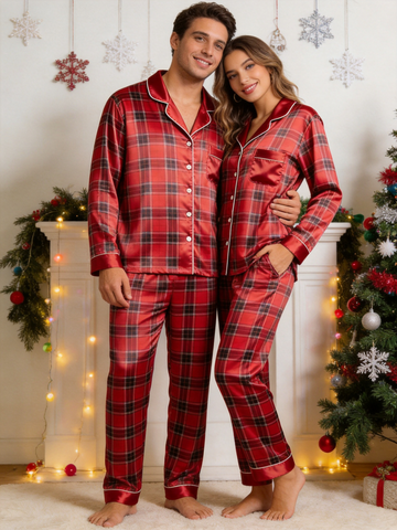 Vibrant Red Grid Plaid Holiday Couple Satin Pajama Set Matching Couple Sleepwear