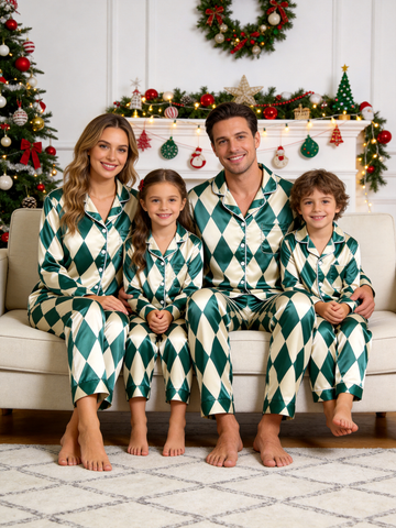 Green & Cream Argyle Diamond Print Holiday Family Satin Pajama Set Sleepwear